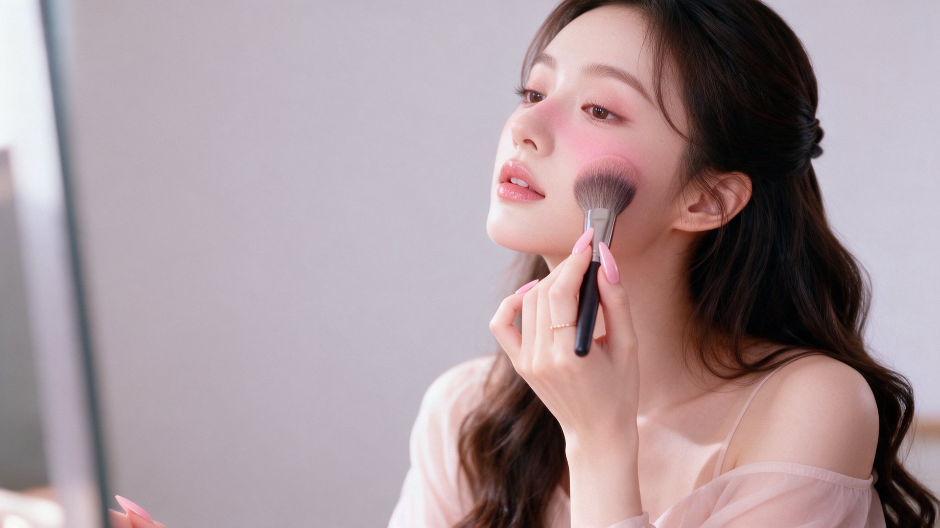 A student applying her own blush during a one to one makeup lesson at Shirley Beauty House