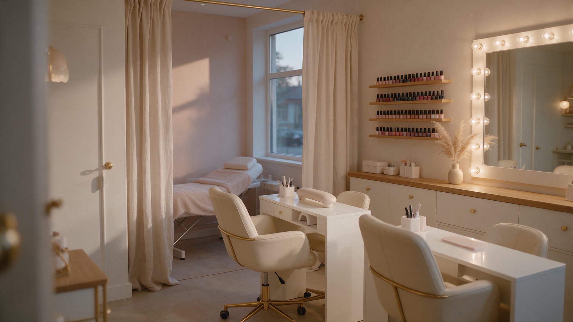 The interior of the studio, with nail stations and a lash bed