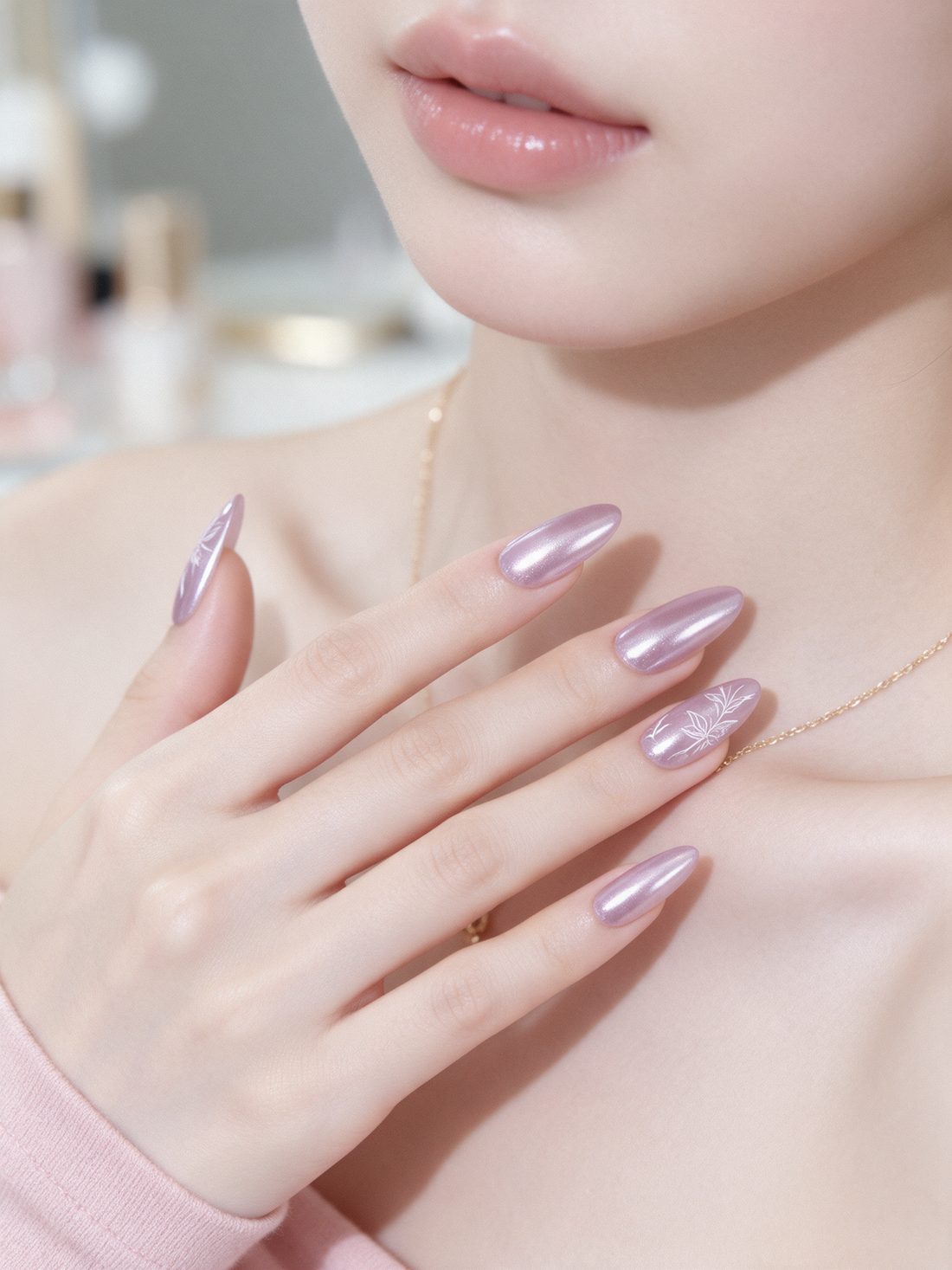 Long almond gel nails in chrome lilac with hand-painted botanical line art