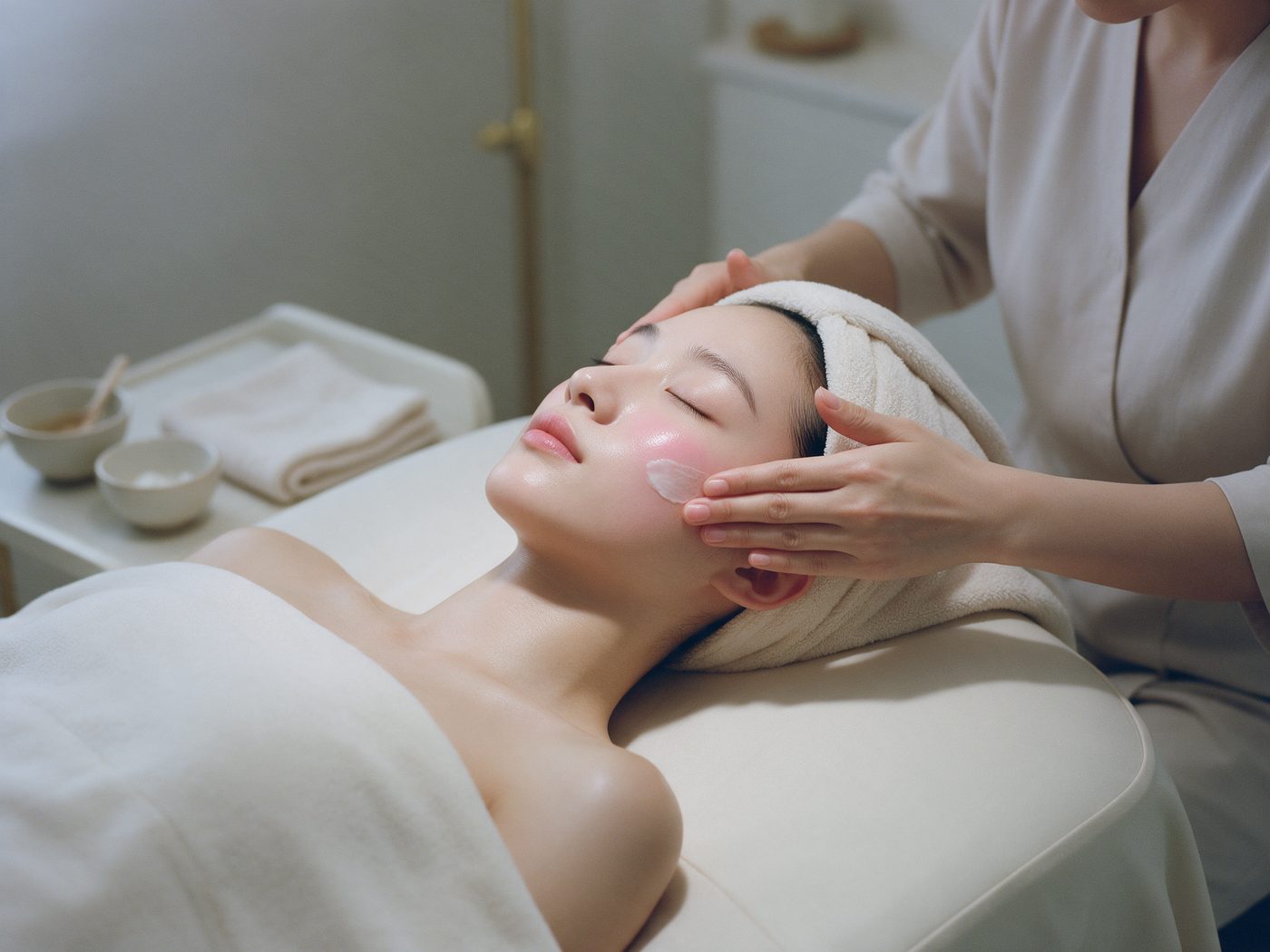 A therapist applying treatment cream during a facial in a calm salon room