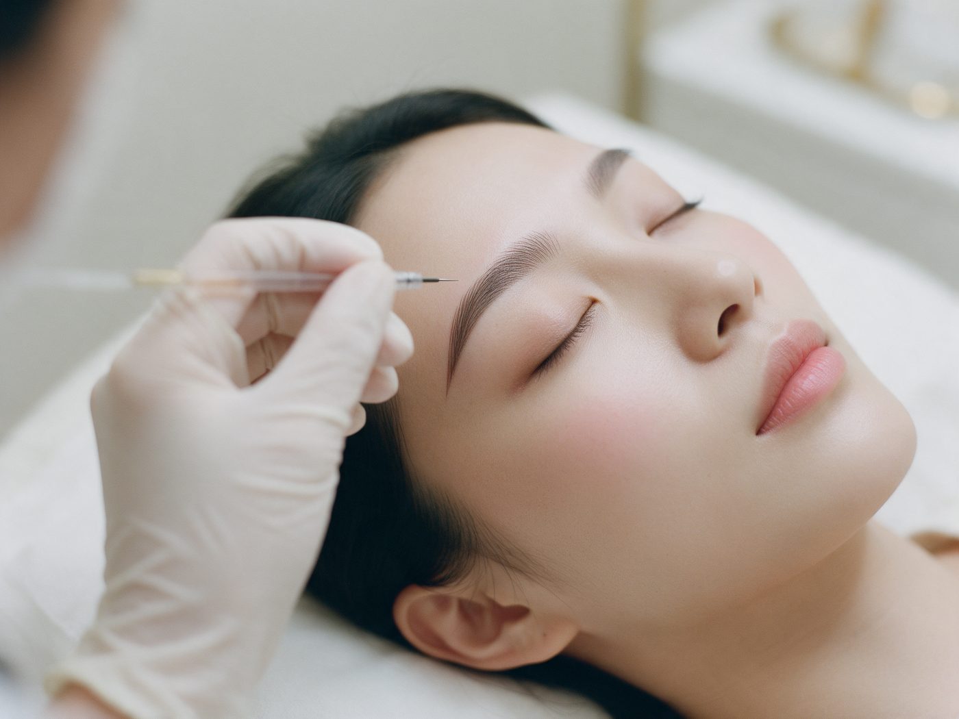 A technician working on fine hair strokes during an eyebrow embroidery treatment