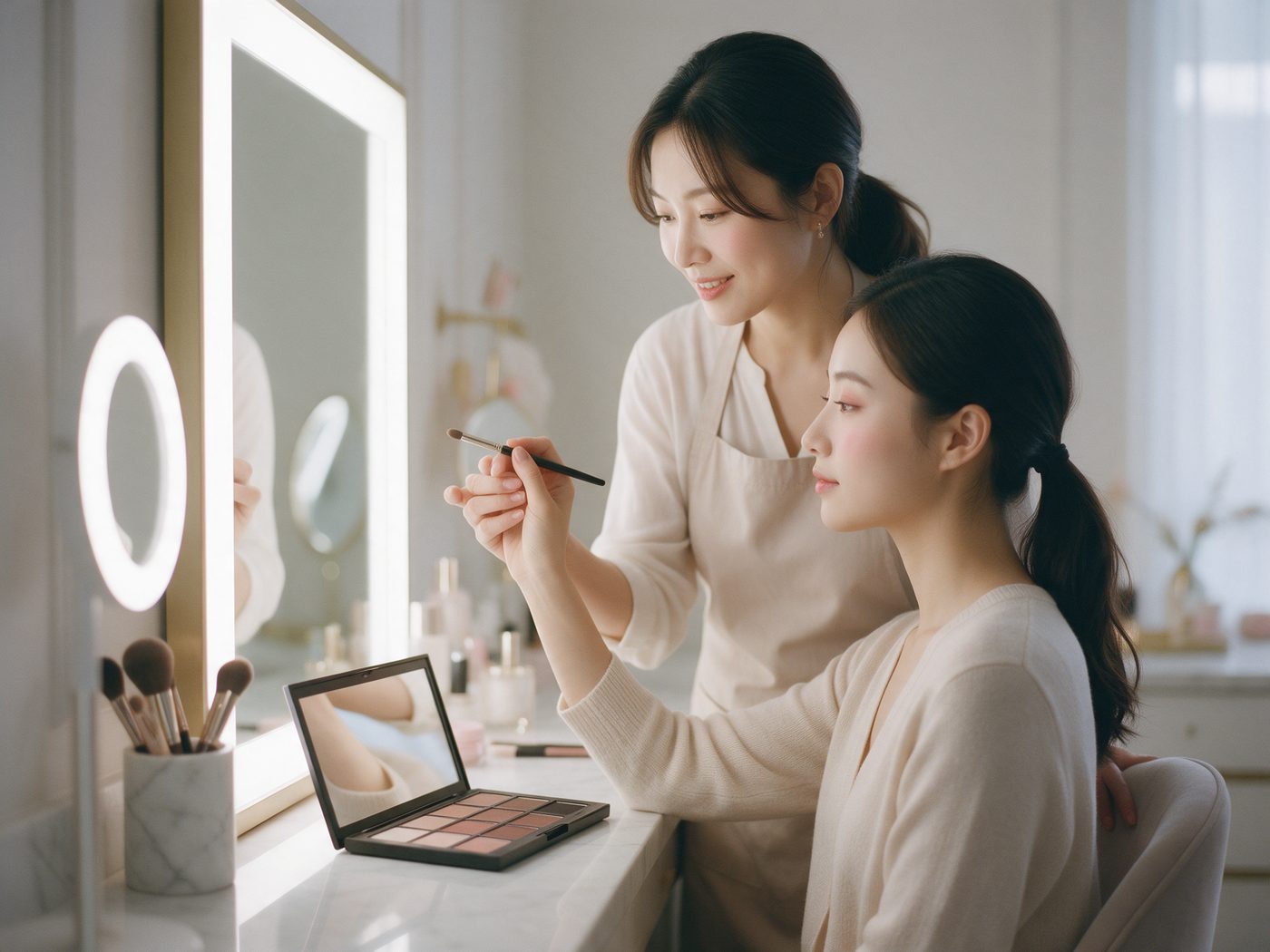 An instructor guiding a student's hand during a one to one makeup lesson